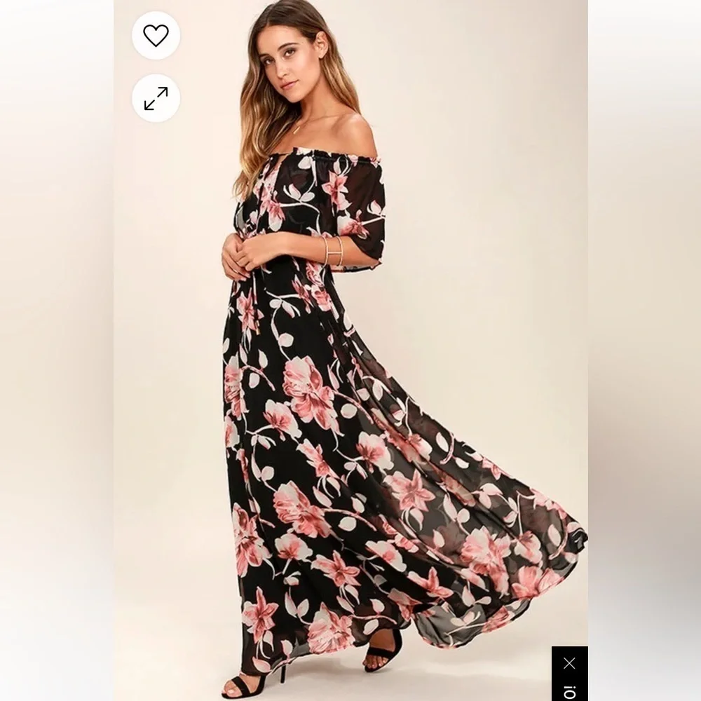 Lulus Infinite Love‎ Black Floral Print Off-the-Shoulder Maxi Dress Sz Small